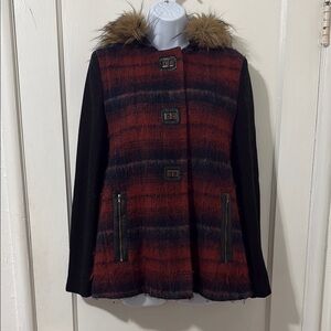Anthropologie Elevenses Red and Black Teddy Jacket with Faux Fur Trim